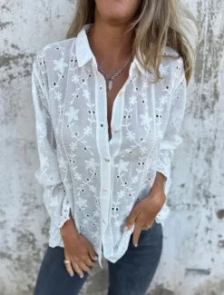 Outlet Women's Shirt Blouse Solid Color Stylish Casual Long Sleeve Shirt Collar Regular Tops Daily Buttons Eyelet White Beige Summer Spring Women Lace Tops
