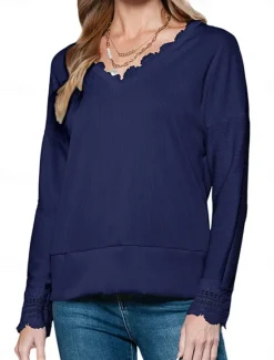 New Women's Shirt Blouse Solid Color Casual 3/4 Length Sleeve V Neck Regular Tops Daily Lace Patchwork Blue Beige Summer Spring Women Lace Tops