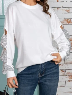 New Women's Shirt Blouse Solid Color Basic Casual Long Sleeve Crew Neck Regular Tops Daily Sequins Patchwork Bow White Beige Fall Winter Women Blouses & Shirts