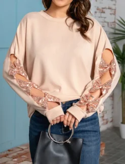 New Women's Shirt Blouse Solid Color Basic Casual Long Sleeve Crew Neck Regular Tops Daily Sequins Patchwork Bow White Beige Fall Winter Women Blouses & Shirts