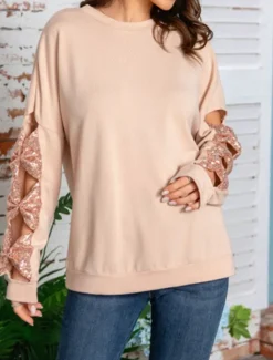 New Women's Shirt Blouse Solid Color Basic Casual Long Sleeve Crew Neck Regular Tops Daily Sequins Patchwork Bow White Beige Fall Winter Women Blouses & Shirts