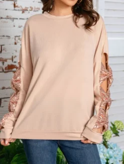 New Women's Shirt Blouse Solid Color Basic Casual Long Sleeve Crew Neck Regular Tops Daily Sequins Patchwork Bow White Beige Fall Winter Women Blouses & Shirts