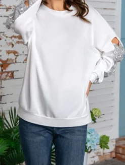 New Women's Shirt Blouse Solid Color Basic Casual Long Sleeve Crew Neck Regular Tops Daily Sequins Patchwork Bow White Beige Fall Winter Women Blouses & Shirts