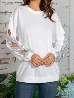New Women's Shirt Blouse Solid Color Basic Casual Long Sleeve Crew Neck Regular Tops Daily Sequins Patchwork Bow White Beige Fall Winter Women Blouses & Shirts