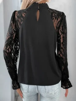 Sale Women's Shirt Blouse Solid Color Basic Casual Long Sleeve Turtleneck Regular Tops Daily Lace Patchwork Summer Spring Women Lace Tops