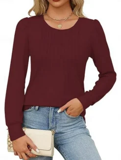 Hot Women's Shirt Blouse Solid Color Basic Casual Long Sleeve Crew Neck Regular Tops Daily Ruched Black White Pink Wine Blue Summer Spring Women Blouses & Shirts