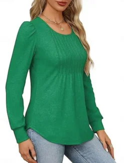 Hot Women's Shirt Blouse Solid Color Basic Casual Long Sleeve Crew Neck Regular Tops Daily Ruched Black White Pink Wine Blue Summer Spring Women Blouses & Shirts