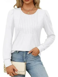 Hot Women's Shirt Blouse Solid Color Basic Casual Long Sleeve Crew Neck Regular Tops Daily Ruched Black White Pink Wine Blue Summer Spring Women Blouses & Shirts