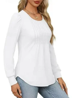 Hot Women's Shirt Blouse Solid Color Basic Casual Long Sleeve Crew Neck Regular Tops Daily Ruched Black White Pink Wine Blue Summer Spring Women Blouses & Shirts