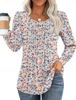 Hot Women's Shirt Blouse Solid Color Basic Casual Long Sleeve Crew Neck Regular Tops Daily Ruched Black White Pink Wine Blue Summer Spring Women Blouses & Shirts