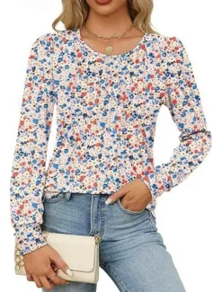 Hot Women's Shirt Blouse Solid Color Basic Casual Long Sleeve Crew Neck Regular Tops Daily Ruched Black White Pink Wine Blue Summer Spring Women Blouses & Shirts