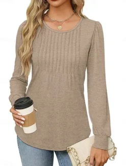 Hot Women's Shirt Blouse Solid Color Basic Casual Long Sleeve Crew Neck Regular Tops Daily Ruched Black White Pink Wine Blue Summer Spring Women Blouses & Shirts