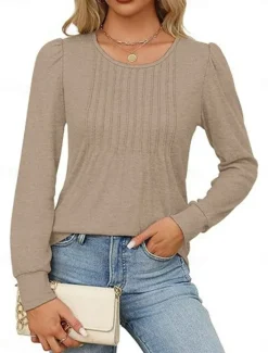 Hot Women's Shirt Blouse Solid Color Basic Casual Long Sleeve Crew Neck Regular Tops Daily Ruched Black White Pink Wine Blue Summer Spring Women Blouses & Shirts