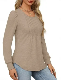 Hot Women's Shirt Blouse Solid Color Basic Casual Long Sleeve Crew Neck Regular Tops Daily Ruched Black White Pink Wine Blue Summer Spring Women Blouses & Shirts