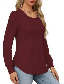 Hot Women's Shirt Blouse Solid Color Basic Casual Long Sleeve Crew Neck Regular Tops Daily Ruched Black White Pink Wine Blue Summer Spring Women Blouses & Shirts