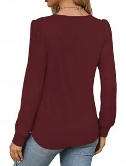 Hot Women's Shirt Blouse Solid Color Basic Casual Long Sleeve Crew Neck Regular Tops Daily Ruched Black White Pink Wine Blue Summer Spring Women Blouses & Shirts