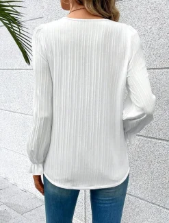 Clearance Women's Shirt Blouse Solid Color Stylish Casual Long Sleeve V Neck Regular Tops Daily Lace Patchwork White Blue Purple Fuchsia Summer Spring Women Lace Tops