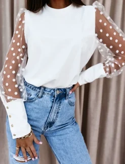 Women's Shirt Blouse Solid Color Basic Casual Long Sleeve Crew Neck Regular Tops Daily Mesh Patchwork Black White Fall Women Blouses & Shirts