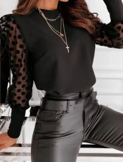 Women's Shirt Blouse Solid Color Basic Casual Long Sleeve Crew Neck Regular Tops Daily Mesh Patchwork Black White Fall Women Blouses & Shirts