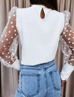 Women's Shirt Blouse Solid Color Basic Casual Long Sleeve Crew Neck Regular Tops Daily Mesh Patchwork Black White Fall Women Blouses & Shirts