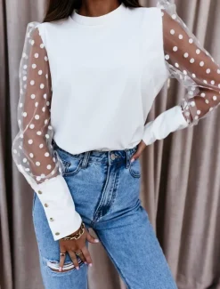 Women's Shirt Blouse Solid Color Basic Casual Long Sleeve Crew Neck Regular Tops Daily Mesh Patchwork Black White Fall Women Blouses & Shirts