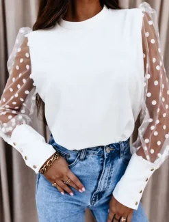 Women's Shirt Blouse Solid Color Basic Casual Long Sleeve Crew Neck Regular Tops Daily Mesh Patchwork Black White Fall Women Blouses & Shirts