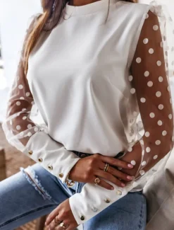 Women's Shirt Blouse Solid Color Basic Casual Long Sleeve Crew Neck Regular Tops Daily Mesh Patchwork Black White Fall Women Blouses & Shirts