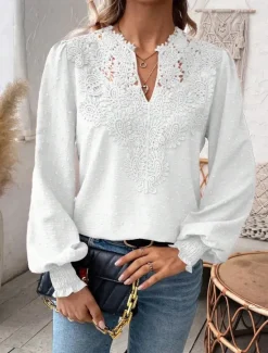 Online Women's Shirt Blouse Solid Color Basic Casual Long Sleeve V Neck Regular Tops Daily Going out Lace Patchwork Maroon White Green Spring Fall Winter Women Blouses & Shirts