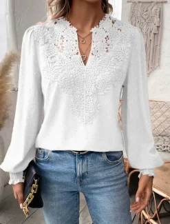 Online Women's Shirt Blouse Solid Color Basic Casual Long Sleeve V Neck Regular Tops Daily Going out Lace Patchwork Maroon White Green Spring Fall Winter Women Blouses & Shirts