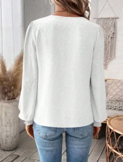 Online Women's Shirt Blouse Solid Color Basic Casual Long Sleeve V Neck Regular Tops Daily Going out Lace Patchwork Maroon White Green Spring Fall Winter Women Blouses & Shirts