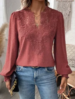 Online Women's Shirt Blouse Solid Color Basic Casual Long Sleeve V Neck Regular Tops Daily Going out Lace Patchwork Maroon White Green Spring Fall Winter Women Blouses & Shirts