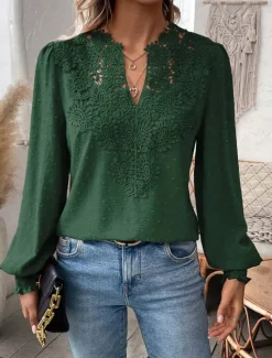 Online Women's Shirt Blouse Solid Color Basic Casual Long Sleeve V Neck Regular Tops Daily Going out Lace Patchwork Maroon White Green Spring Fall Winter Women Blouses & Shirts