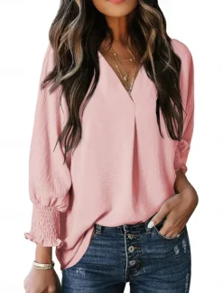 Best Women's Shirt Blouse Solid Color Basic Casual Long Sleeve V Neck Regular Tops Daily Patchwork Buttons Pink Blue Beige Fall Winter Women Blouses & Shirts