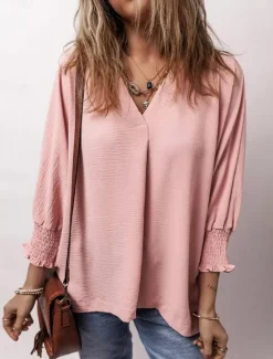 Best Women's Shirt Blouse Solid Color Basic Casual Long Sleeve V Neck Regular Tops Daily Patchwork Buttons Pink Blue Beige Fall Winter Women Blouses & Shirts