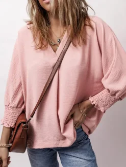 Best Women's Shirt Blouse Solid Color Basic Casual Long Sleeve V Neck Regular Tops Daily Patchwork Buttons Pink Blue Beige Fall Winter Women Blouses & Shirts