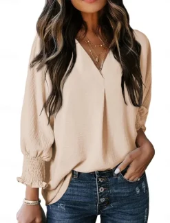 Best Women's Shirt Blouse Solid Color Basic Casual Long Sleeve V Neck Regular Tops Daily Patchwork Buttons Pink Blue Beige Fall Winter Women Blouses & Shirts