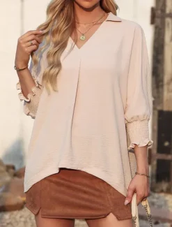 Best Women's Shirt Blouse Solid Color Basic Casual Long Sleeve V Neck Regular Tops Daily Patchwork Buttons Pink Blue Beige Fall Winter Women Blouses & Shirts