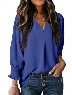 Best Women's Shirt Blouse Solid Color Basic Casual Long Sleeve V Neck Regular Tops Daily Patchwork Buttons Pink Blue Beige Fall Winter Women Blouses & Shirts