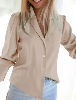 Women's Shirt Blouse Solid Color Basic Casual Long Sleeve Shirt Collar Regular Tops Daily Buttons Black Blue Beige Fall Winter Women Blouses & Shirts