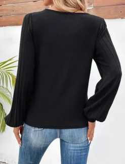 New Women's Shirt Blouse Solid Color Stylish Casual Long Sleeve V Neck Regular Tops Daily Patchwork Summer Spring Fall Women T-Shirts|Blouses & Shirts