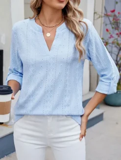 Hot Women's Shirt Blouse Solid Color Basic Casual Long Sleeve V Neck Regular Tops Daily Eyelet Black White Blue Spring Fall Women Lace Tops