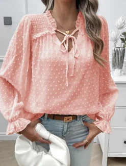 New Women's Shirt Blouse Solid Color Stylish Casual Long Sleeve V Neck Regular Tops Daily Lace Ruffle Patchwork White Pink Blue Khaki Summer Spring Women Lace Tops