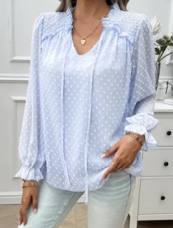 New Women's Shirt Blouse Solid Color Stylish Casual Long Sleeve V Neck Regular Tops Daily Lace Ruffle Patchwork White Pink Blue Khaki Summer Spring Women Lace Tops