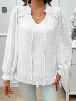 New Women's Shirt Blouse Solid Color Stylish Casual Long Sleeve V Neck Regular Tops Daily Lace Ruffle Patchwork White Pink Blue Khaki Summer Spring Women Lace Tops