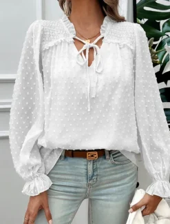 New Women's Shirt Blouse Solid Color Stylish Casual Long Sleeve V Neck Regular Tops Daily Lace Ruffle Patchwork White Pink Blue Khaki Summer Spring Women Lace Tops