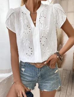 Outlet Women's Shirt Blouse Solid Color Daily Stylish Casual Short Sleeve V Neck Regular Tops Work Daily Going out Embroidered Summer Spring Women Lace Tops
