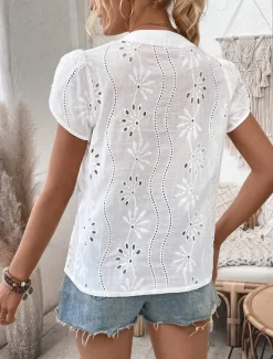 Outlet Women's Shirt Blouse Solid Color Daily Stylish Casual Short Sleeve V Neck Regular Tops Work Daily Going out Embroidered Summer Spring Women Lace Tops