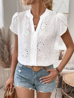 Outlet Women's Shirt Blouse Solid Color Daily Stylish Casual Short Sleeve V Neck Regular Tops Work Daily Going out Embroidered Summer Spring Women Lace Tops