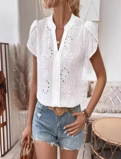 Outlet Women's Shirt Blouse Solid Color Daily Stylish Casual Short Sleeve V Neck Regular Tops Work Daily Going out Embroidered Summer Spring Women Lace Tops