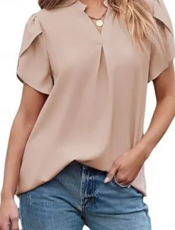 Discount Women's Shirt Blouse Solid Color Basic Casual Short Sleeve Notched Neck Regular Tops Daily Pink Green Summer Women Blouses & Shirts